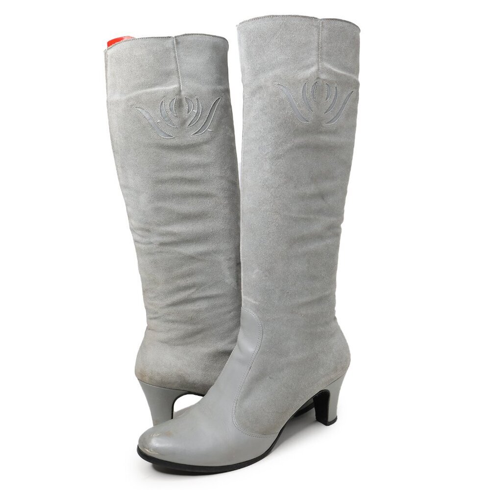Vintage La Vallee Suede Tall Boots Grey Lined Round Toe Side Zip Retro Classic